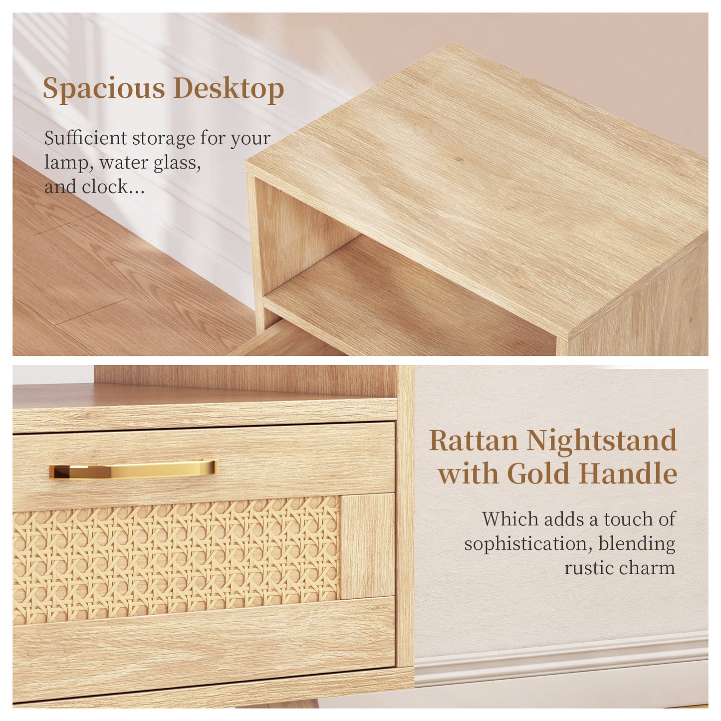Capri Nightstands Set of 2, Rattan Sofa Table with Drawer & Open Shelf & Solid Wood Feet, for Bedroom Living Room Dorm and Small Spaces, Natural