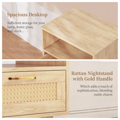 Capri Nightstands Set of 2, Rattan Sofa Table with Drawer & Open Shelf & Solid Wood Feet, for Bedroom Living Room Dorm and Small Spaces, Natural