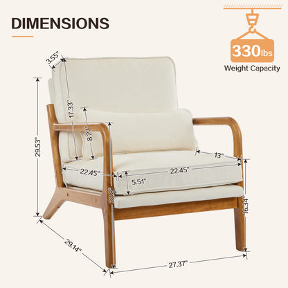 Capri Modern Accent Chair, Mid-Century Solid Wood Arm Chair, Upholstered Reading Chair with Lumbar Pillow, Sofa Side Chairs for Living Room Bedroom Guest Room, Beige/B