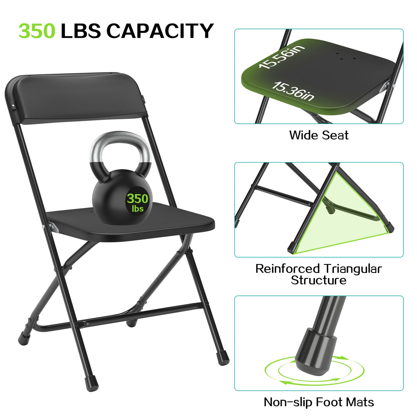 Capri Black Plastic Folding Chair 6 Pack with Steel Frame, Hold up to 350 lbs, Indoor Outdoor Portable Stackable Event Chair Commercial Seat for Dining Wedding Party Office Picnic Kitchen