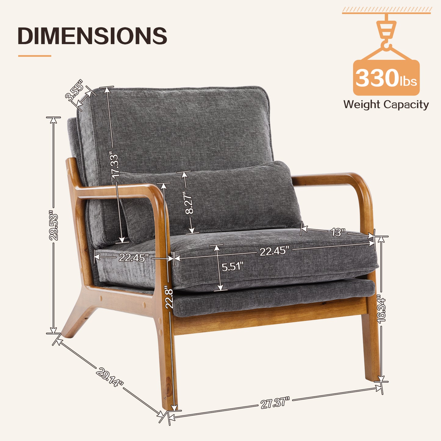 Capri Modern Accent Chair, Mid-Century Solid Wood Arm Chair, Upholstered Reading Chair with Lumbar Pillow, Sofa Side Chairs for Living Room Bedroom Guest Room, Dark Gray