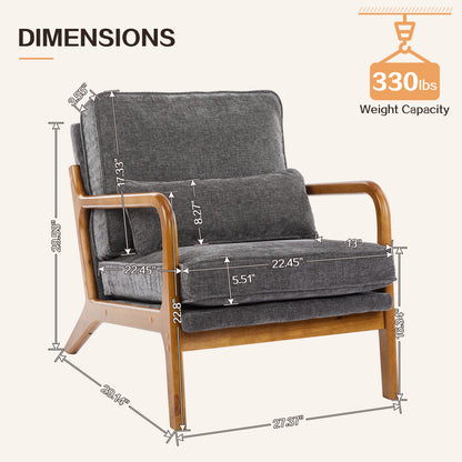 Capri Modern Accent Chair, Mid-Century Solid Wood Arm Chair, Upholstered Reading Chair with Lumbar Pillow, Sofa Side Chairs for Living Room Bedroom Guest Room, Dark Gray