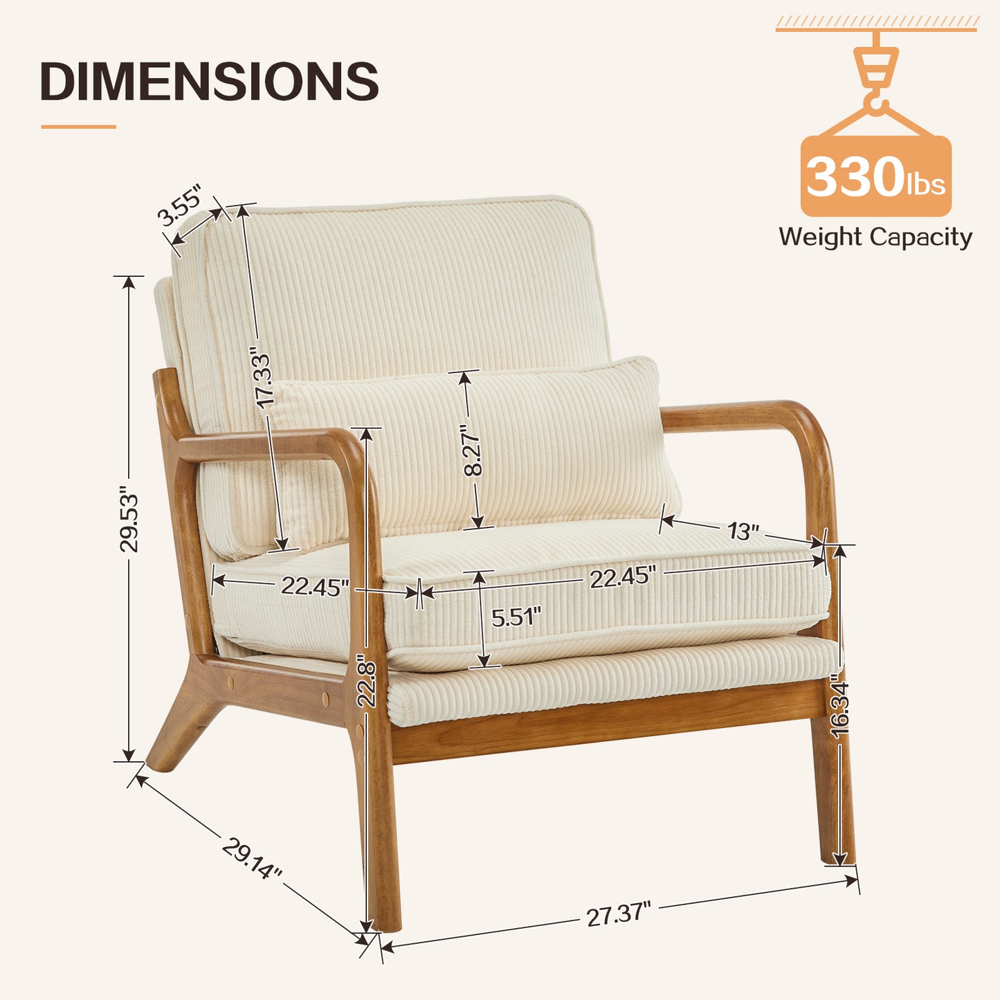Capri Modern Accent Chair, Mid-Century Solid Wood Arm Chair, Upholstered Reading Chair with Lumbar Pillow, Sofa Side Chairs for Living Room Bedroom Guest Room, Beige Stripe