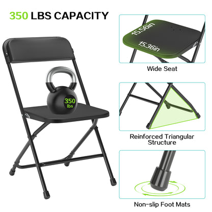 Capri Black Plastic Folding Chair 4 Pack with Steel Frame, Hold up to 350 lbs, Indoor Outdoor Portable Stackable Event Chair Commercial Seat for Dining Wedding Party Office Picnic Kitchen