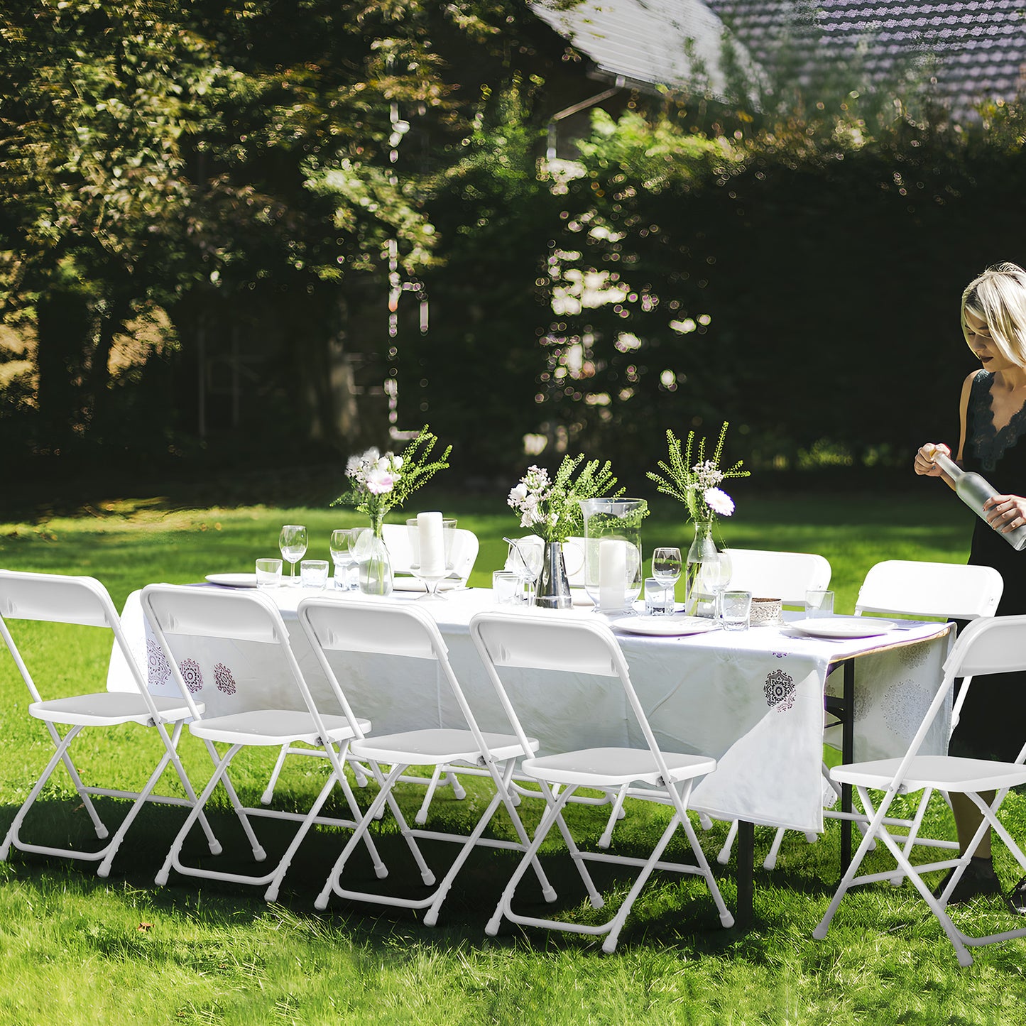 Capri White Plastic Folding Chair 4 Pack with Steel Frame, Hold up to 350 lbs, Indoor Outdoor Portable Stackable Event Chair Commercial Seat for Dining Wedding Party Office Picnic Kitchen