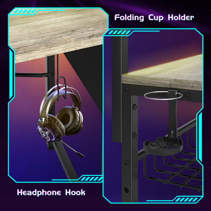 Capri 42" L Shaped Gaming Desk with Power Outlets & LED Lights, Small Computer Corner Desk with Headset Hooks and Cup Holder, Home Office Desk with Storage Shelves, Oak Gray