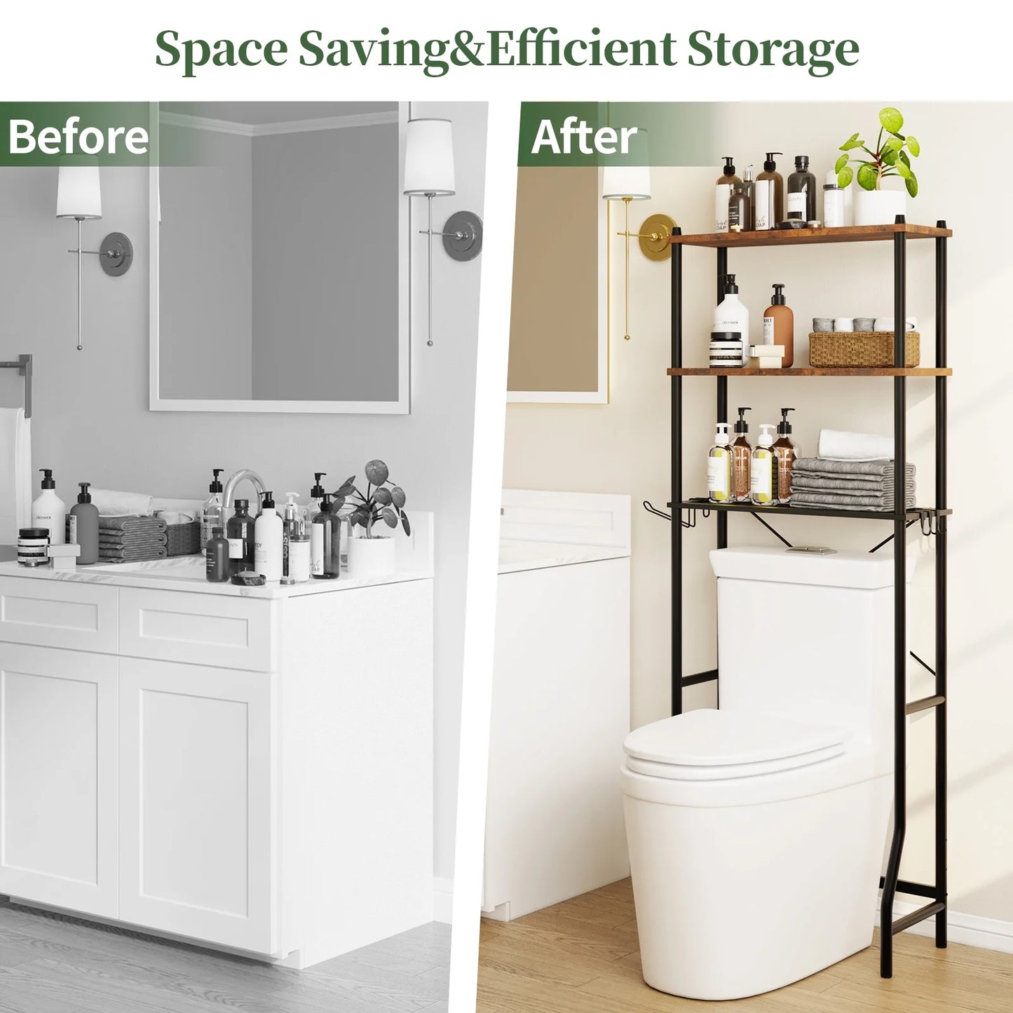 Capri 3-Shelf Over the Toilet Storage, Freestanding Metal Bathroom Organizers and Storage Shelf, Rustic Brown