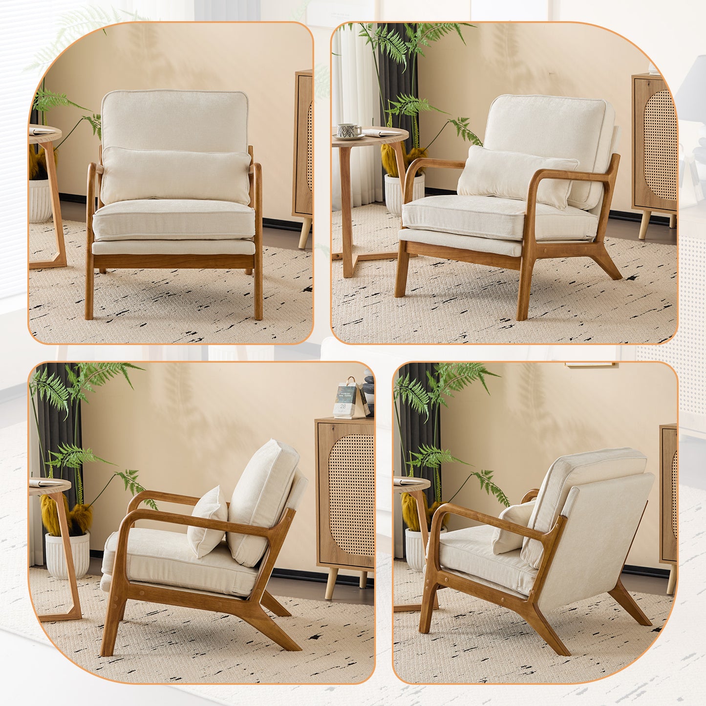 Capri Modern Accent Chair, Mid-Century Solid Wood Arm Chair, Upholstered Reading Chair with Lumbar Pillow, Sofa Side Chairs for Living Room Bedroom Guest Room, Beige/B