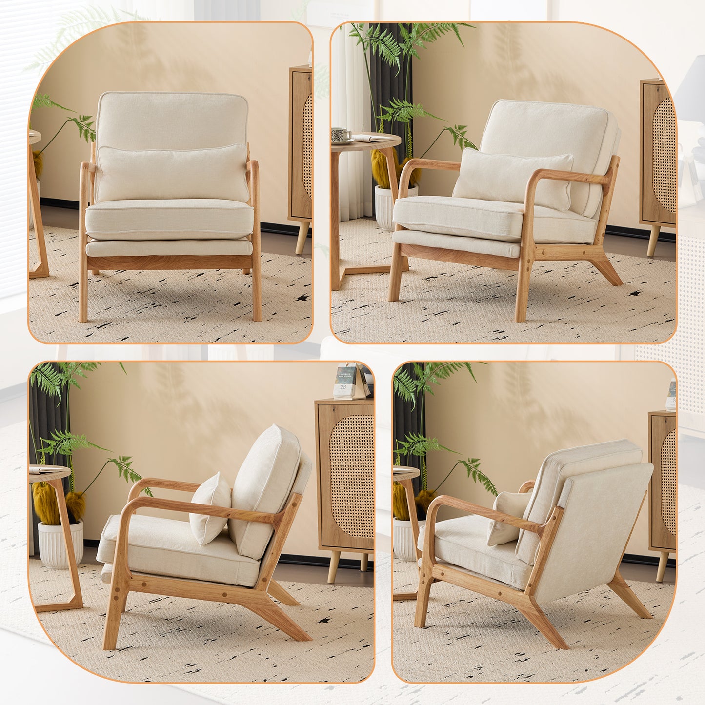 Capri Modern Reading Chair, Solid Wood Accent Arm Chair, Upholstered Sofa Side Chair with Lumbar Pillow, Armchair for Living Room Bedroom Guest Room, Beige/A