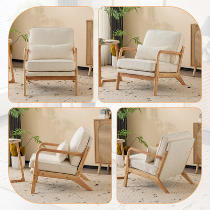 Capri Modern Reading Chair, Solid Wood Accent Arm Chair, Upholstered Sofa Side Chair with Lumbar Pillow, Armchair for Living Room Bedroom Guest Room, Beige/A