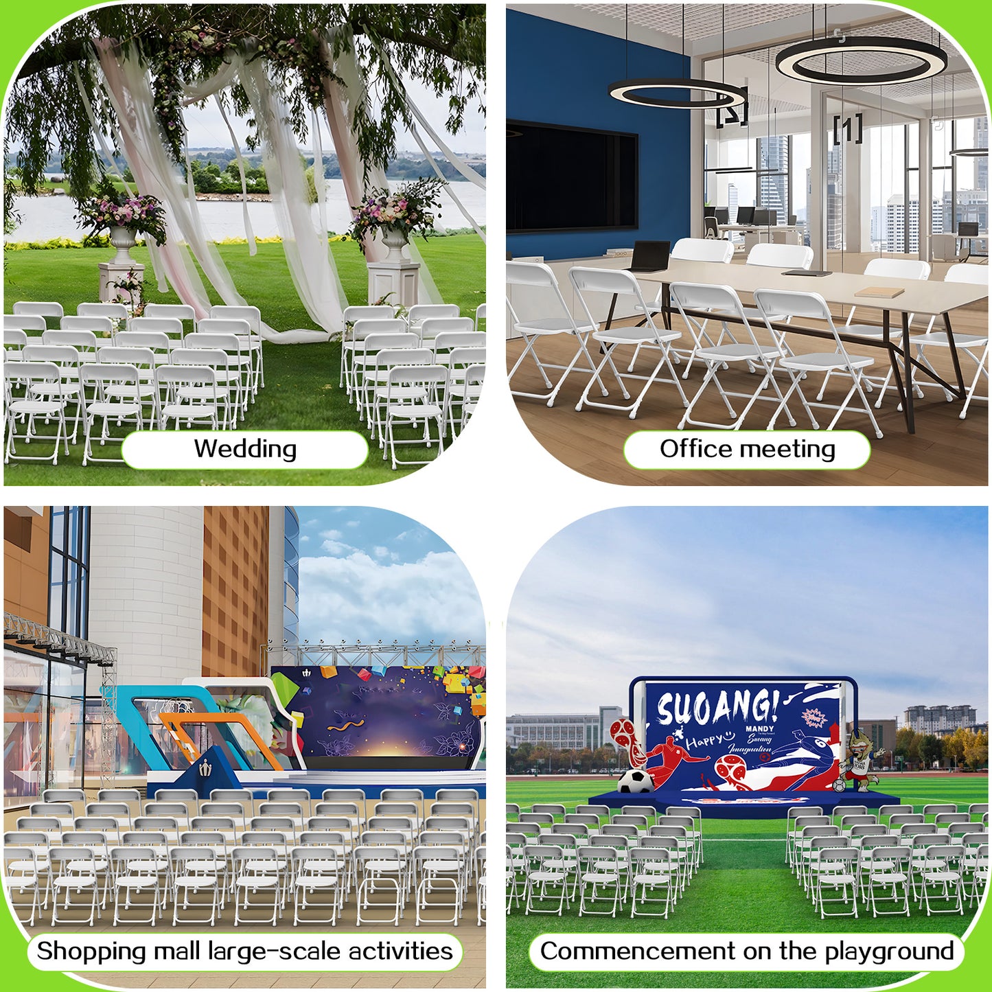 Capri White Plastic Folding Chair 6 Pack with Steel Frame, Hold up to 350 lbs, Indoor Outdoor Portable Stackable Event Chair Commercial Seat for Dining Wedding Party Office Picnic Kitchen