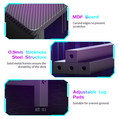 Capri L Shaped Gaming Desk, 52" Reversible Computer Desk with Power Outlets & LED Lights & Headset Hooks & Cup Holder & Storage Bag, Carbon Fiber Black