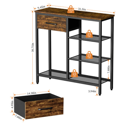 Capri 31.5" Entryway Table with Storage Fabric Drawer, Industrial Sofa Console Table Small Narrow Tables 4-Tier Shoe Rack Side Furniture for Small Spaces, Front Door, Hallway, Foyer, Rustic Brown
