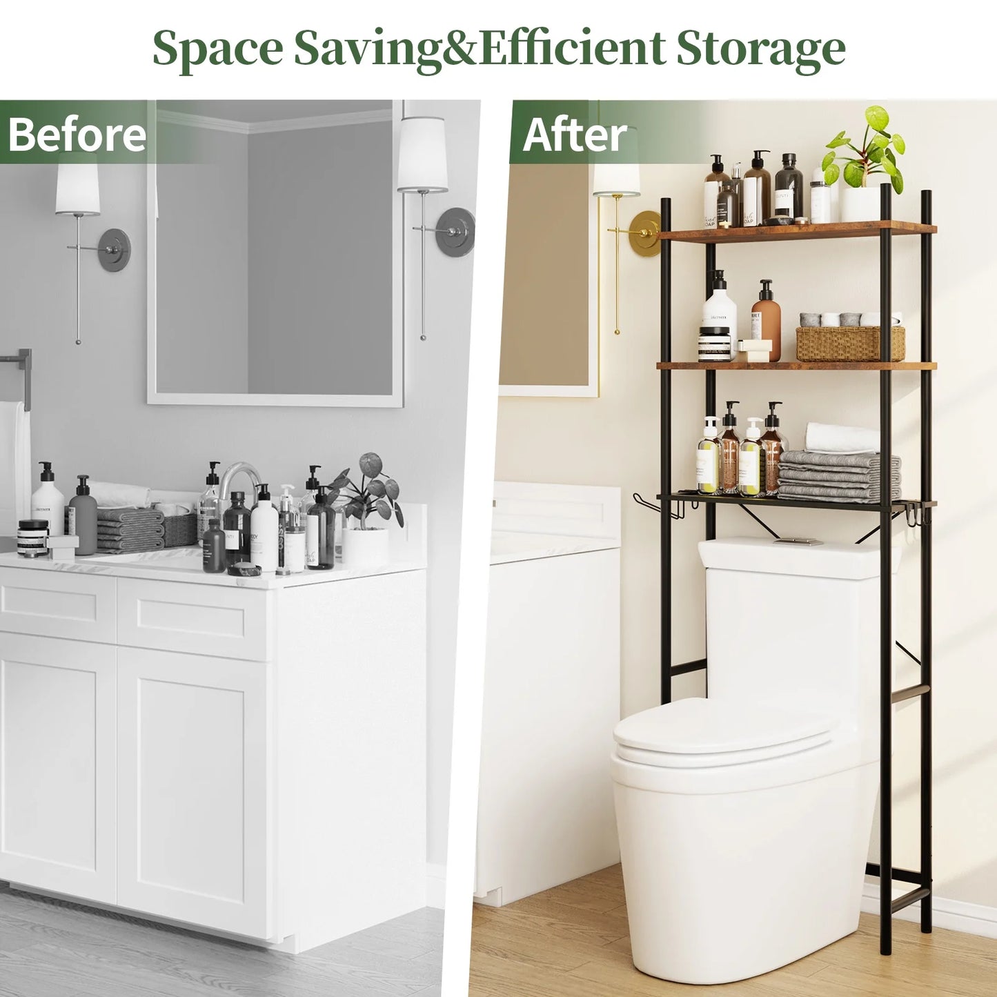 Capri 3-Shelf Over the Toilet Storage, Freestanding Metal Bathroom Organizers and Storage Shelf, Rustic Brown