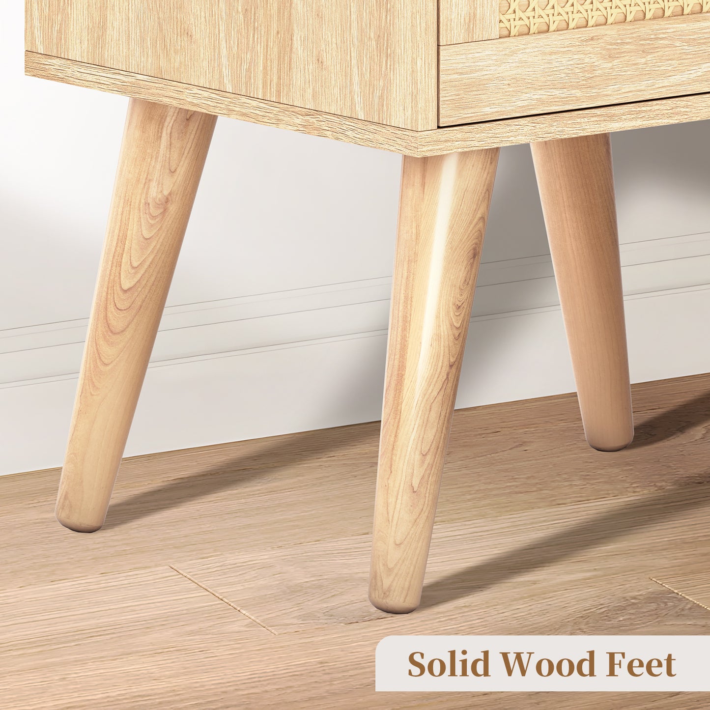 Capri Nightstands Set of 2, Rattan Sofa Table with Drawer & Open Shelf & Solid Wood Feet, for Bedroom Living Room Dorm and Small Spaces, Natural