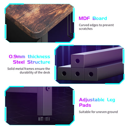 Capri 42" L Shaped Gaming Desk with Power Outlets & LED Lights, Small Computer Corner Desk with Headset Hooks and Cup Holder, Home Office Desk with Storage Shelves, Rustic Brown
