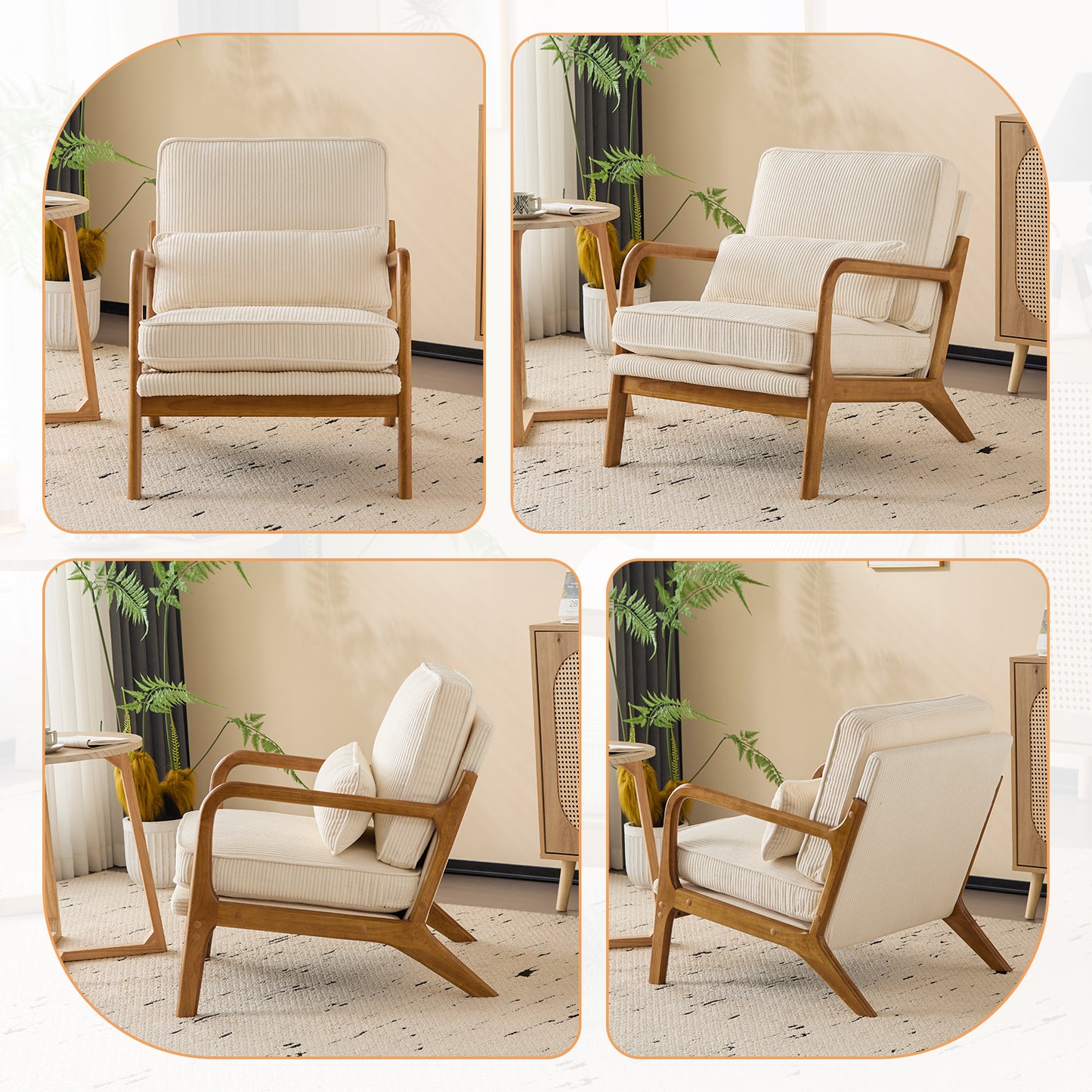 Capri Modern Accent Chair, Mid-Century Solid Wood Arm Chair, Upholstered Reading Chair with Lumbar Pillow, Sofa Side Chairs for Living Room Bedroom Guest Room, Beige Stripe