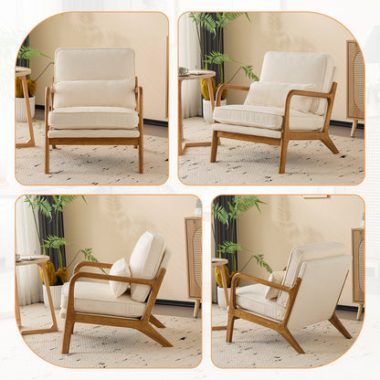 Capri Modern Accent Chair, Mid-Century Solid Wood Arm Chair, Upholstered Reading Chair with Lumbar Pillow, Sofa Side Chairs for Living Room Bedroom Guest Room, Beige Stripe
