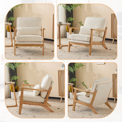 Capri Modern Reading Chair, Solid Wood Accent Arm Chair, Upholstered Sofa Side Chair with Lumbar Pillow, Armchair for Living Room Bedroom Guest Room, Beige/C