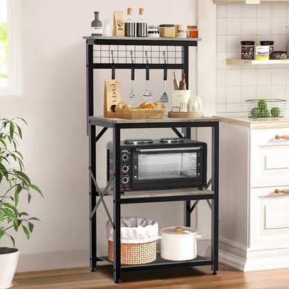 Capri Kitchen Bakers Rack with Storage Shelves and 4 Hooks, Small 4 Tiers Coffee Bar Table, Freestanding Microwave Stand, Kitchen Storage Shelf Rack for Spices, Pots and Pans, Oak Gray