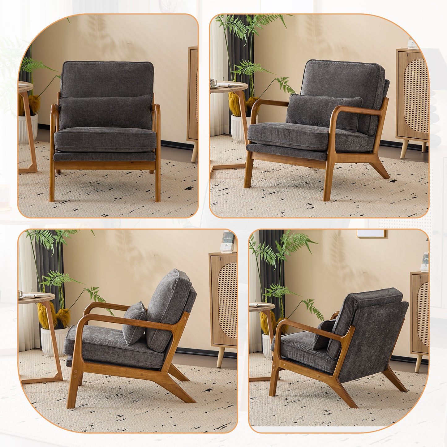 Capri Modern Accent Chair, Mid-Century Solid Wood Arm Chair, Upholstered Reading Chair with Lumbar Pillow, Sofa Side Chairs for Living Room Bedroom Guest Room, Dark Gray