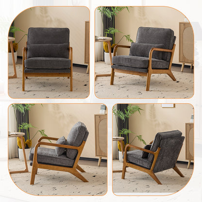 Capri Modern Accent Chair, Mid-Century Solid Wood Arm Chair, Upholstered Reading Chair with Lumbar Pillow, Sofa Side Chairs for Living Room Bedroom Guest Room, Dark Gray