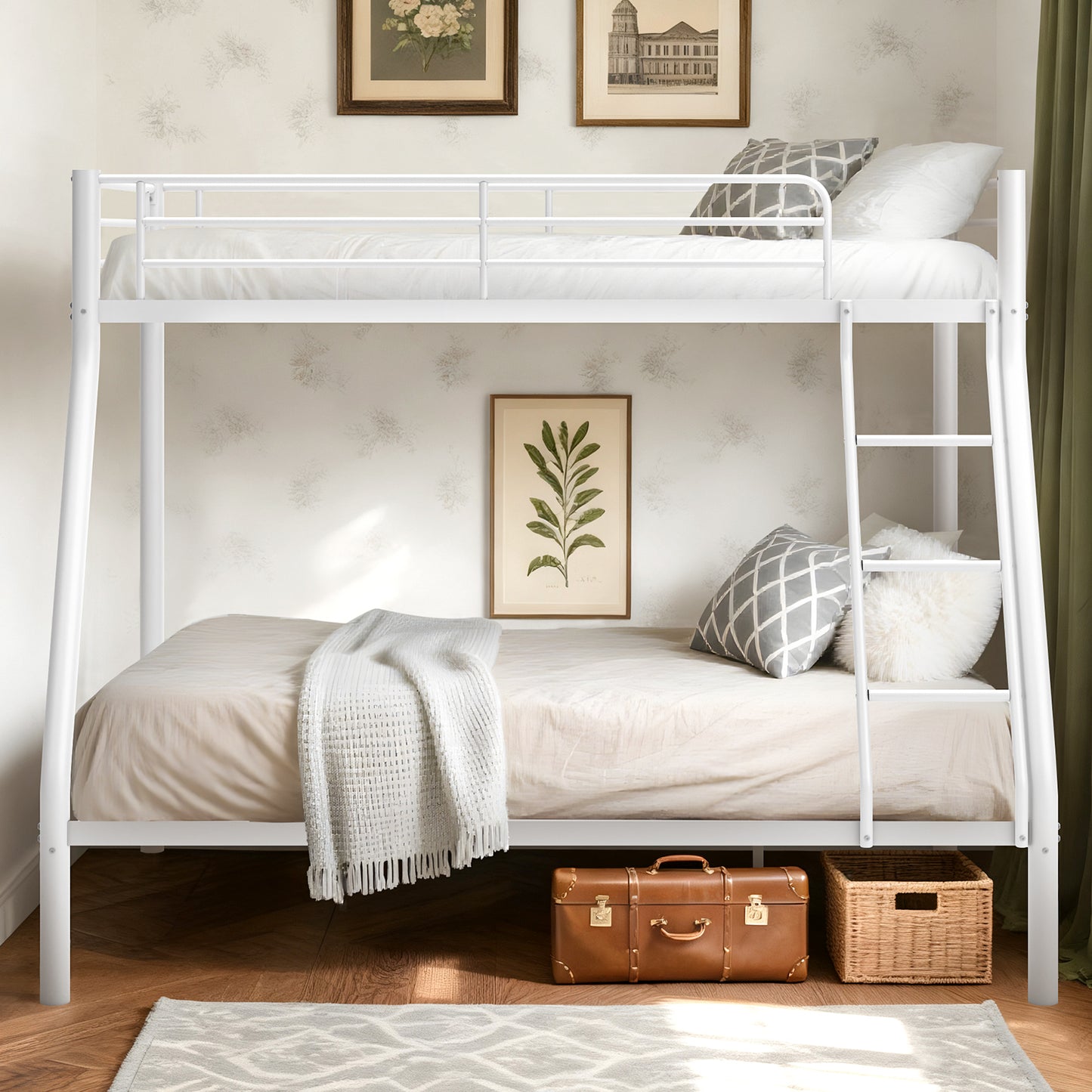 Capri Twin over Full Size Metal Bunk Bed for Teens Adult with 12" Under-Bed Storage & Ladder & Full-Length Guardrail, Space-Saving, Heavy-duty, White