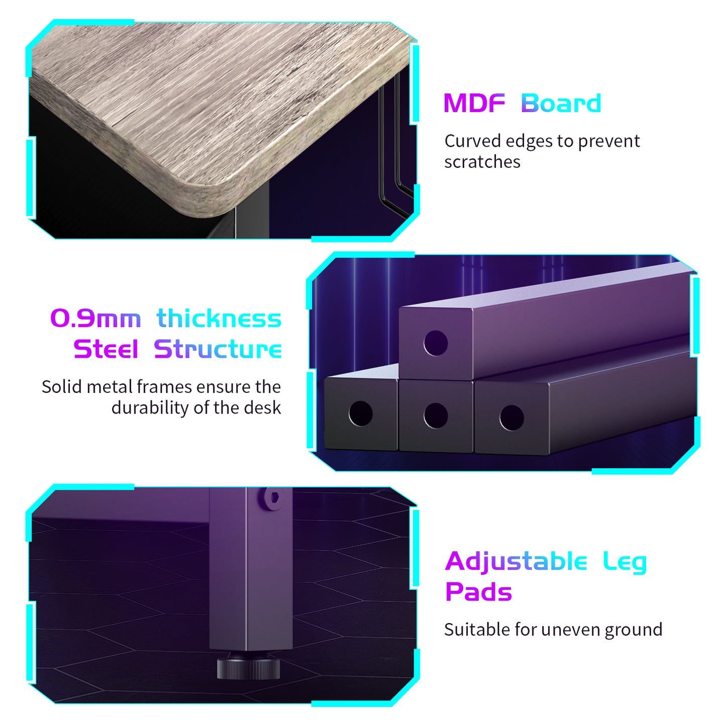 Capri L Shaped Gaming Desk, 52" Reversible Computer Desk with Power Outlets & LED Lights & Headset Hooks & Cup Holder & Storage Bag, Oak Gray