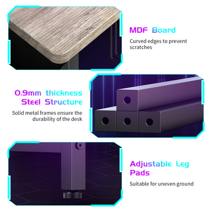 Capri 42" L Shaped Gaming Desk with Power Outlets & LED Lights, Small Computer Corner Desk with Headset Hooks and Cup Holder, Home Office Desk with Storage Shelves, Oak Gray