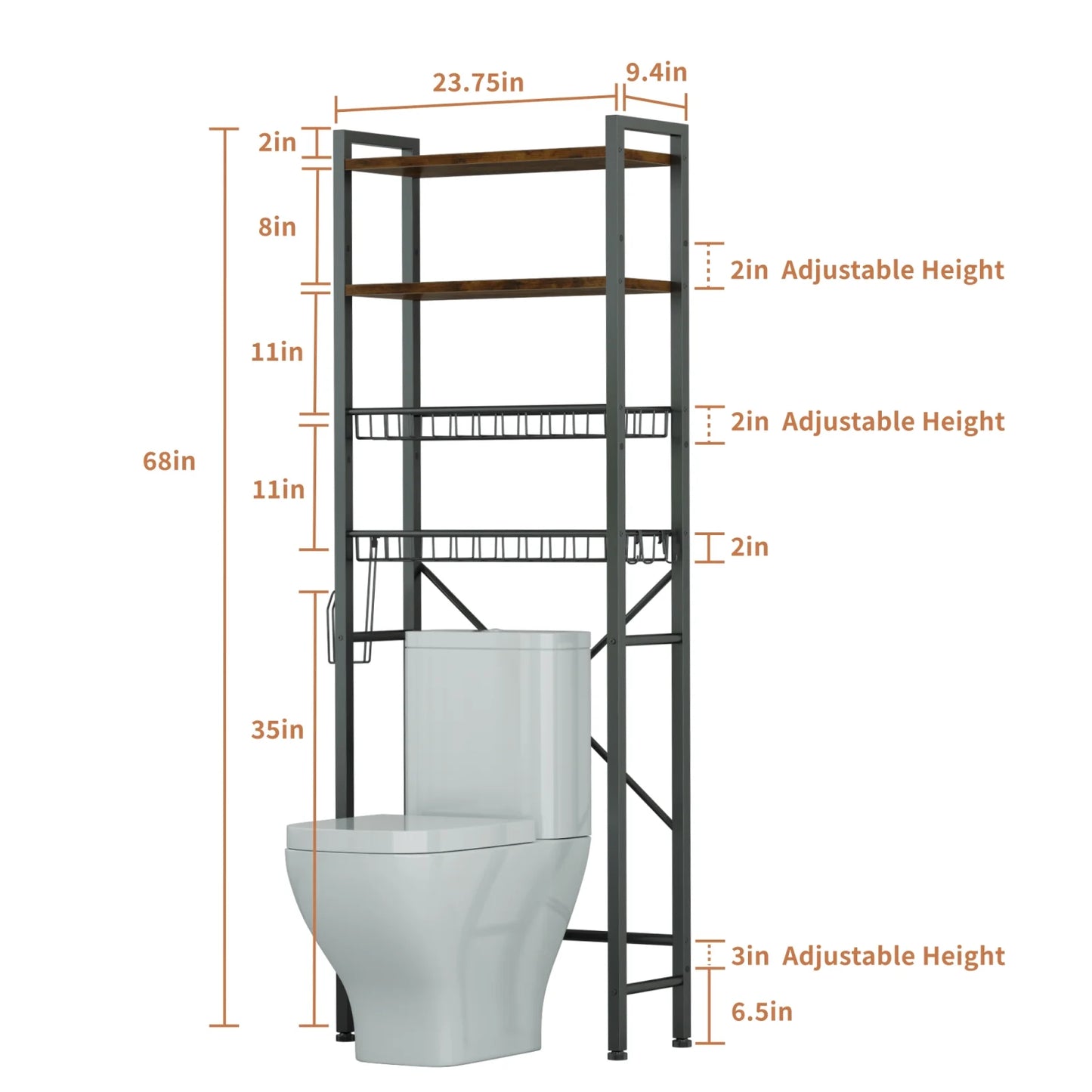 Capri 4-Tier Over-the-Toilet Storage Shelf, Bathroom Organizer Shelf Over Toilet, Freestanding Space Saver Rack with Adjustable Shelf and Basket, Rustic Brown