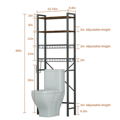 Capri 4-Tier Over-the-Toilet Storage Shelf, Bathroom Organizer Shelf Over Toilet, Freestanding Space Saver Rack with Adjustable Shelf and Basket, Rustic Brown