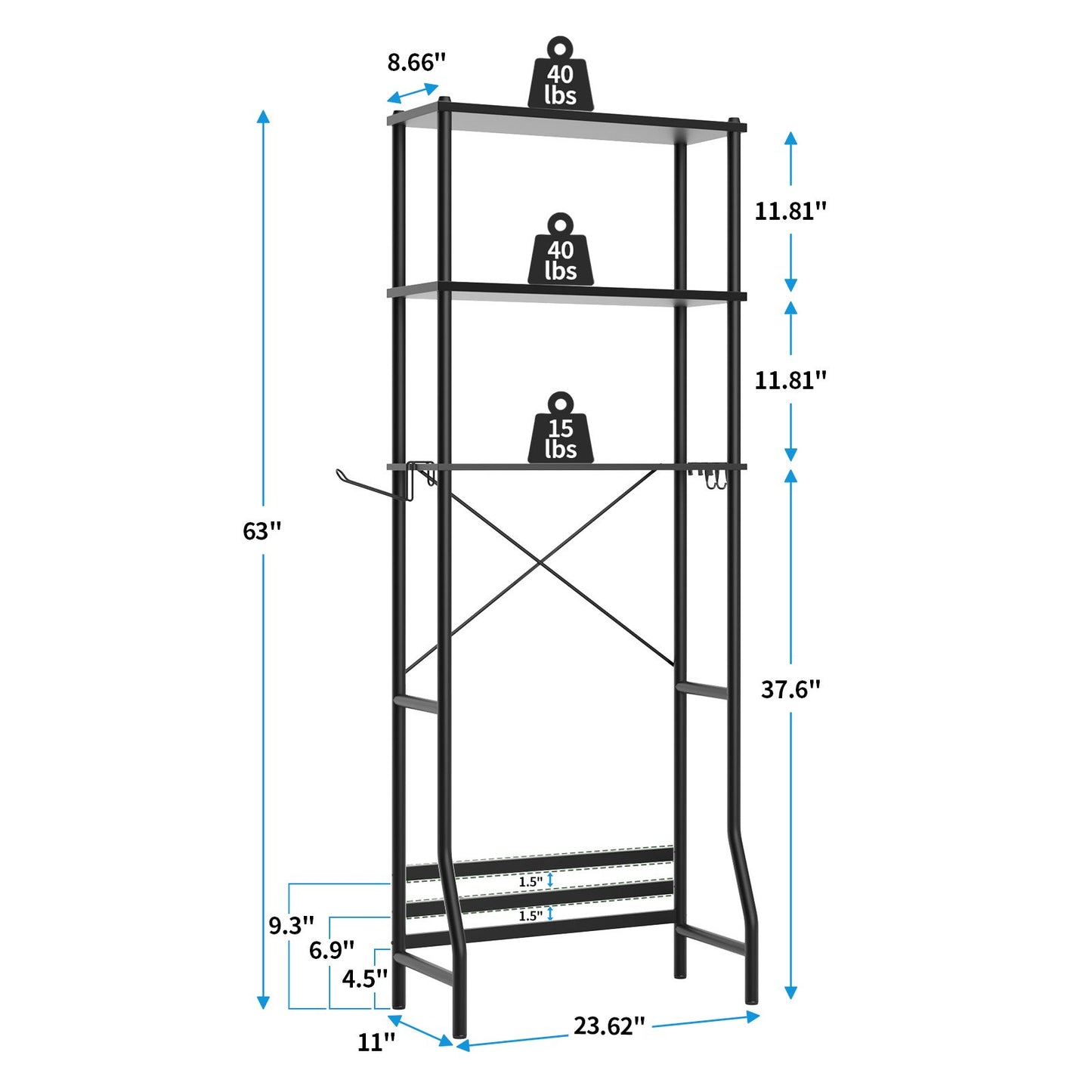Capri 3-Shelf Over the Toilet Storage, Freestanding Metal Bathroom Organizers and Storage Shelf, Black