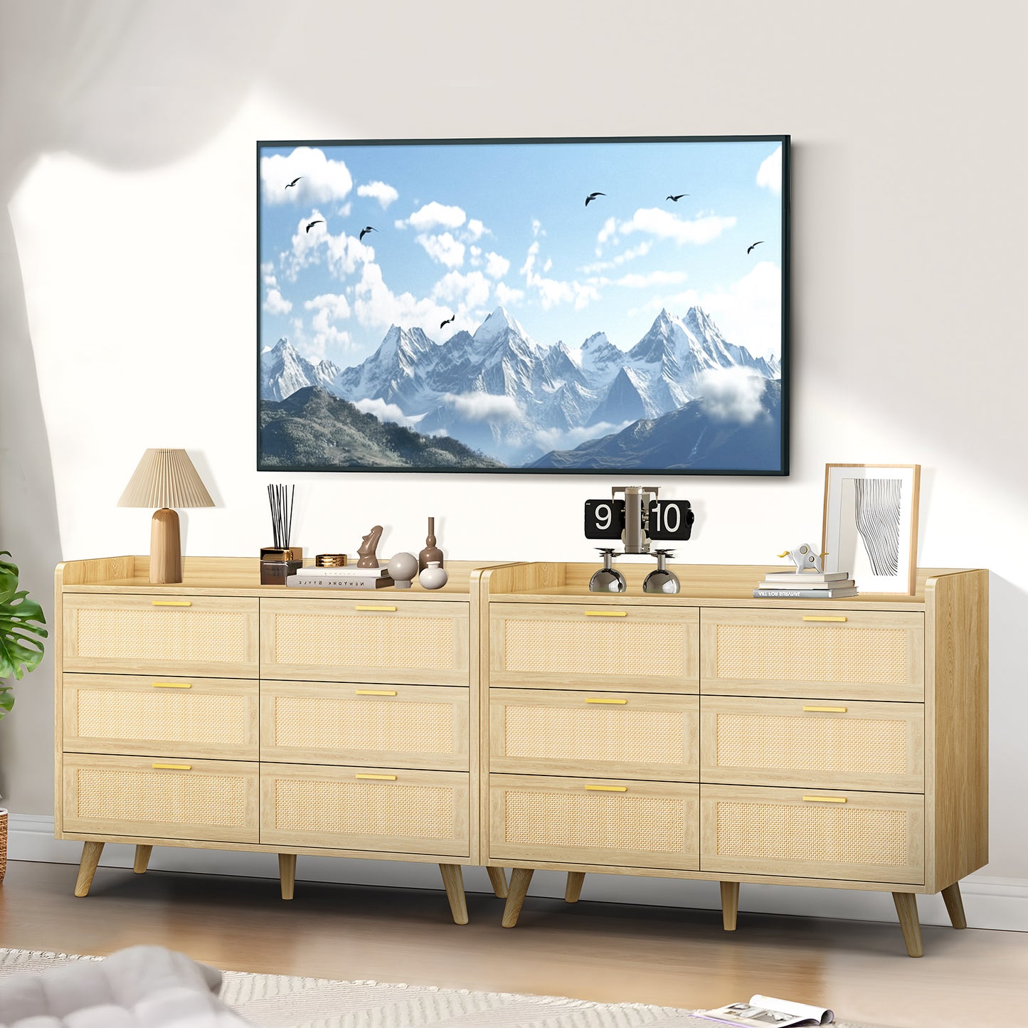 Capri 6-Drawer Dresser, Rattan Dresser Storage Wide Chest of Drawers, Wooden Bedside Night Stand Storage Cabinet for Bedroom,Living Room, Entryway, Natural