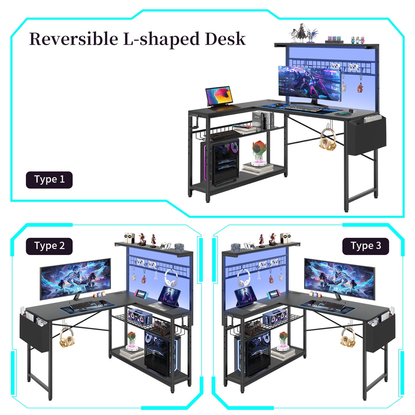 Capri L Shaped Gaming Desk, 52" Reversible Computer Desk with Power Outlets & LED Lights & Headset Hooks & Cup Holder & Storage Bag, Carbon Fiber Black