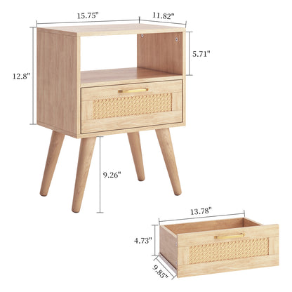 Capri Nightstands Set of 2, Rattan Sofa Table with Drawer & Open Shelf & Solid Wood Feet, for Bedroom Living Room Dorm and Small Spaces, Natural