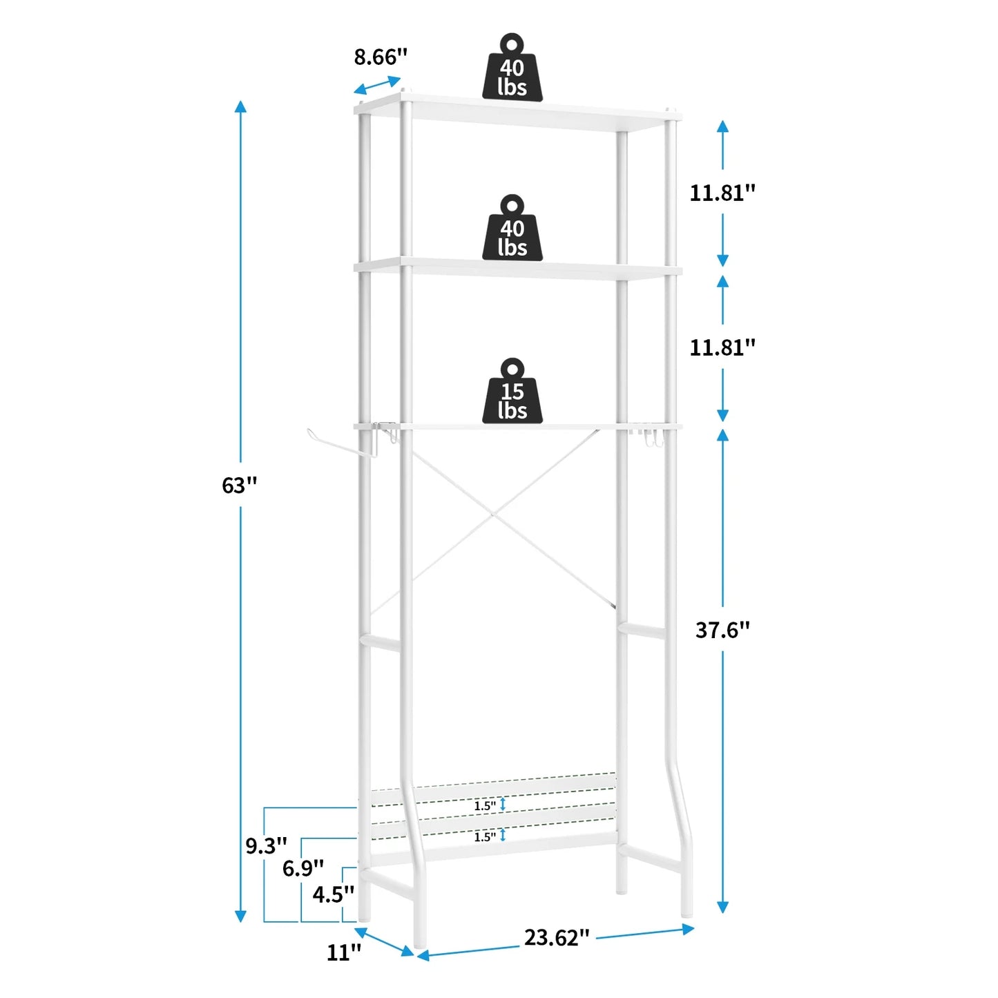 Capri 3-Shelf Over the Toilet Storage, Freestanding Metal Bathroom Organizers and Storage Shelf, White