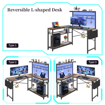 Capri L Shaped Gaming Desk, 42" Computer Desk with Power Outlets & LED Lights & Headset Hooks & Cup Holder & Storage Bag, Rustic Brown