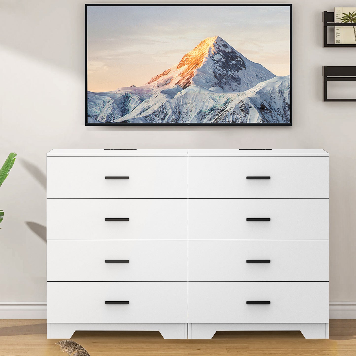 Capri White 4 Drawer Dresser with Power Outlets, Modern Storage Wide Chest of Drawer, Wooden Dresser Storage Cabinet for Bedroom Living Room
