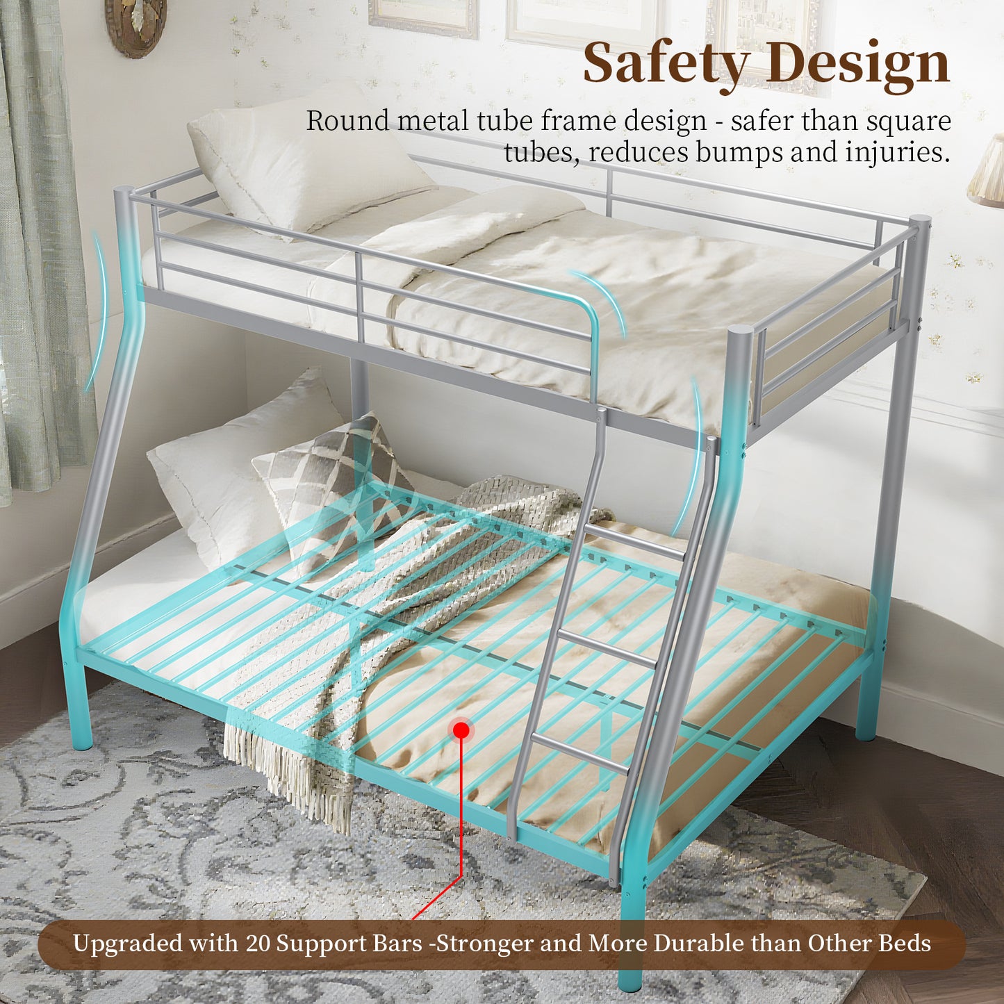 Capri Twin over Full Size Metal Bunk Bed for Teens Adult with 12" Under-Bed Storage & Ladder & Full-Length Guardrail, Space-Saving, Heavy-duty, Silver