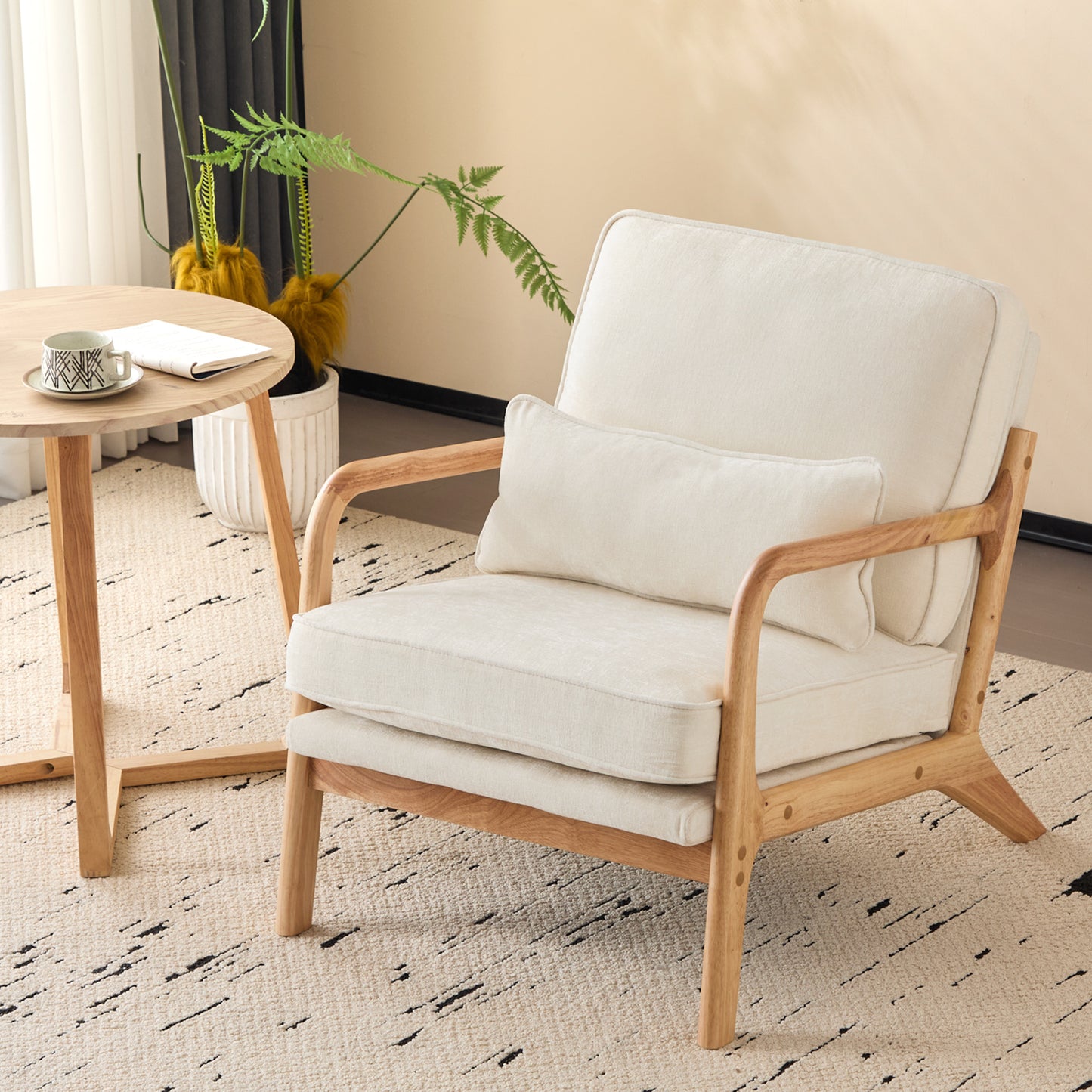 Capri Modern Reading Chair, Solid Wood Accent Arm Chair, Upholstered Sofa Side Chair with Lumbar Pillow, Armchair for Living Room Bedroom Guest Room, Beige/A