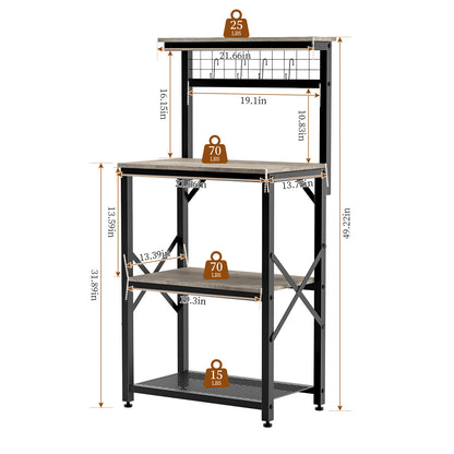 Capri Kitchen Bakers Rack with Storage Shelves and 4 Hooks, Small 4 Tiers Coffee Bar Table, Freestanding Microwave Stand, Kitchen Storage Shelf Rack for Spices, Pots and Pans, Oak Gray