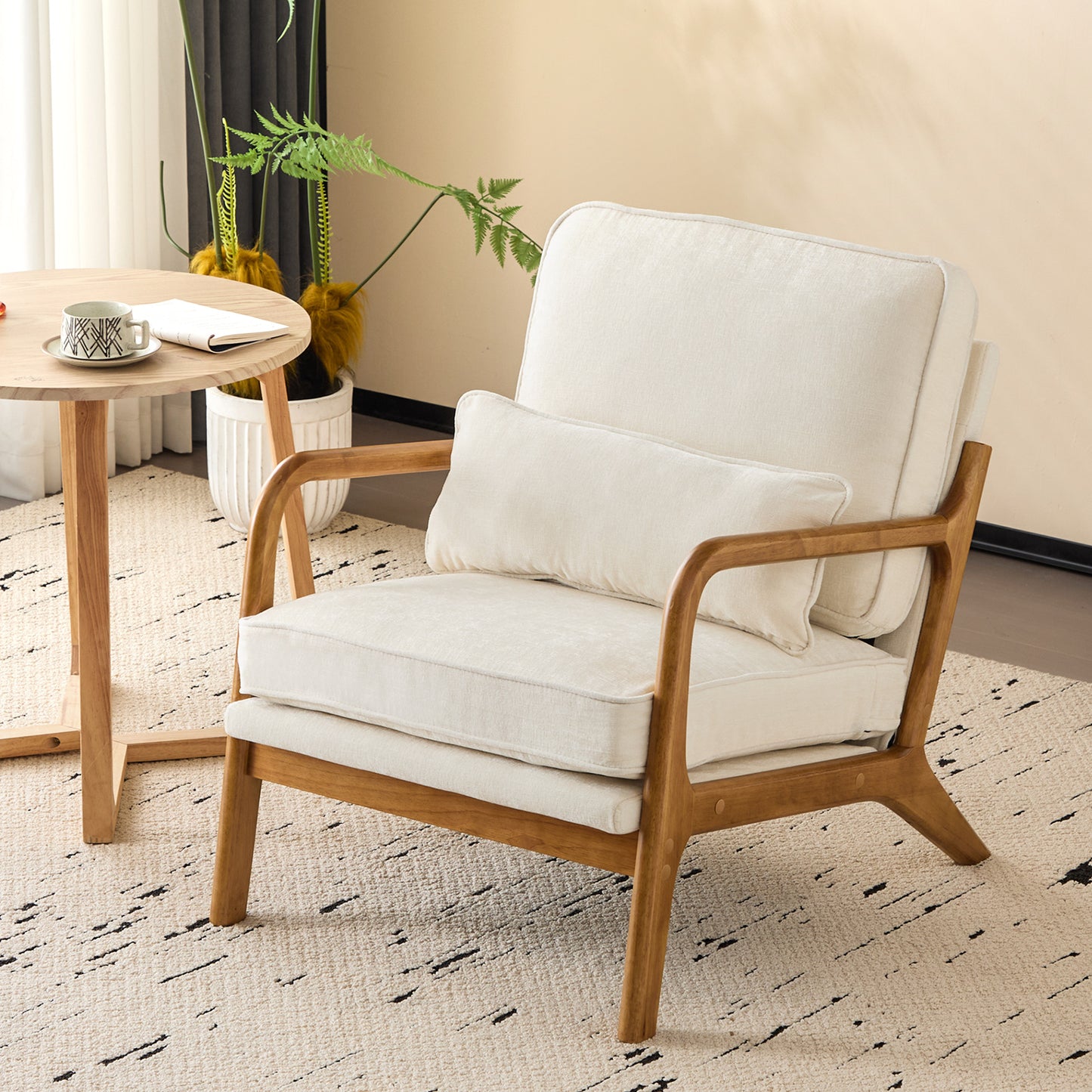 Capri Modern Accent Chair, Mid-Century Solid Wood Arm Chair, Upholstered Reading Chair with Lumbar Pillow, Sofa Side Chairs for Living Room Bedroom Guest Room, Beige/B