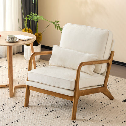 Capri Modern Accent Chair, Mid-Century Solid Wood Arm Chair, Upholstered Reading Chair with Lumbar Pillow, Sofa Side Chairs for Living Room Bedroom Guest Room, Beige/B