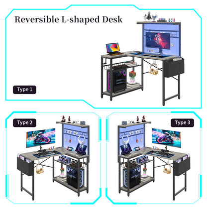 Capri 42" L Shaped Gaming Desk with Power Outlets & LED Lights, Small Computer Corner Desk with Headset Hooks and Cup Holder, Home Office Desk with Storage Shelves, Oak Gray