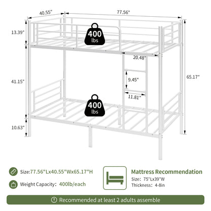 Capri Metal Twin over Twin Bunk Bed, Noise Free, Heavy-duty, 400 lbs Capacity, White