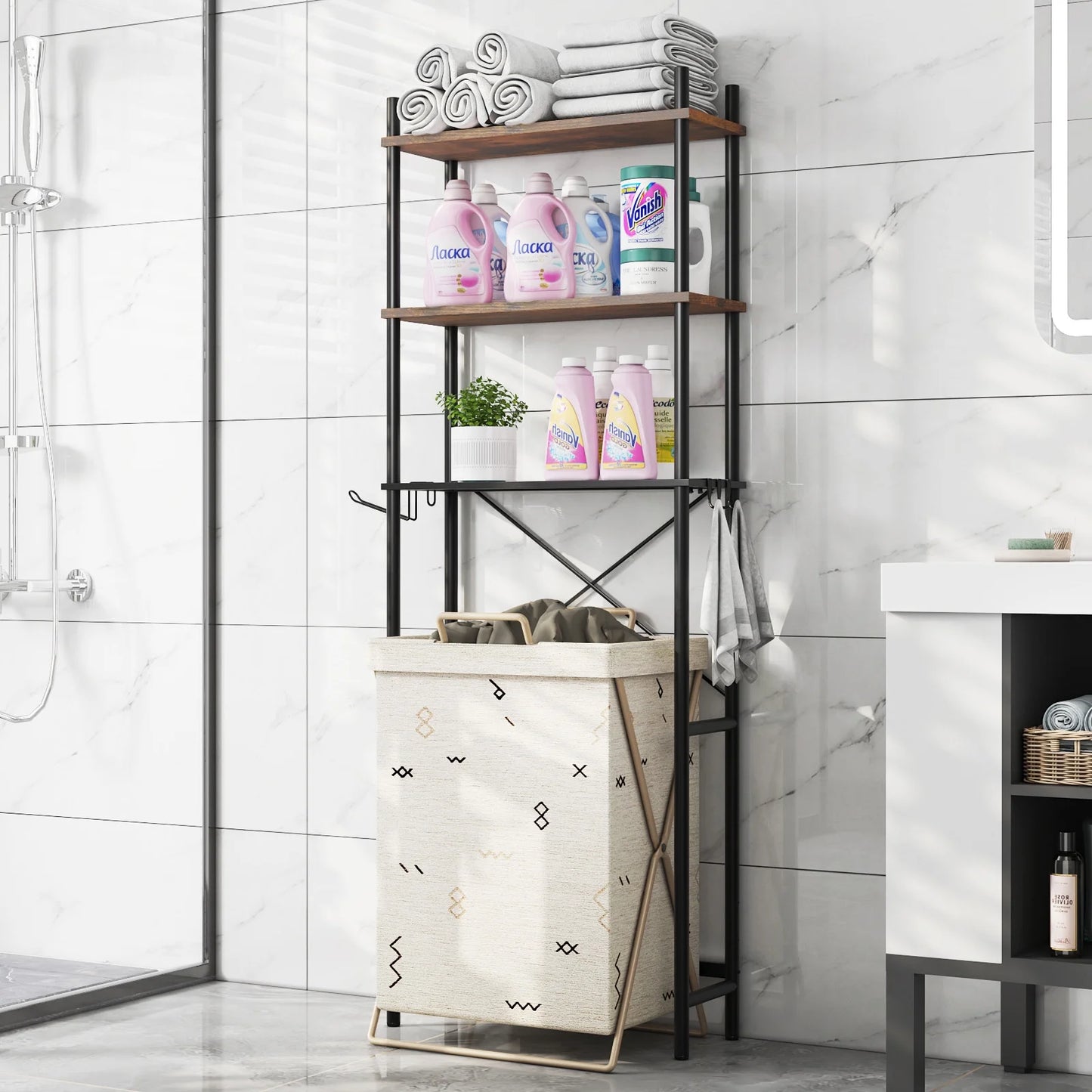 Capri 3-Shelf Over the Toilet Storage, Freestanding Metal Bathroom Organizers and Storage Shelf, Rustic Brown