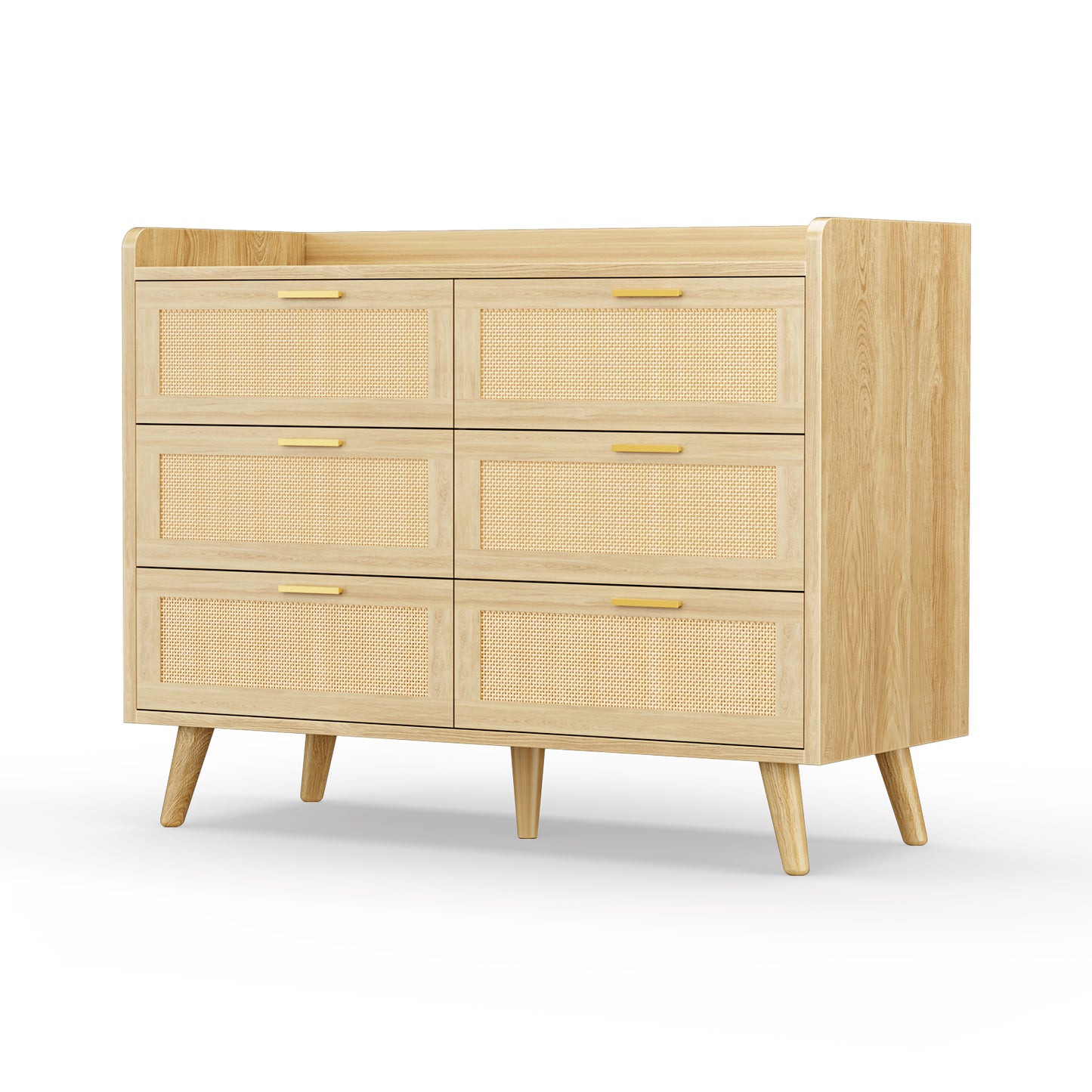 Capri 6-Drawer Dresser, Rattan Dresser Storage Wide Chest of Drawers, Wooden Bedside Night Stand Storage Cabinet for Bedroom,Living Room, Entryway, Natural