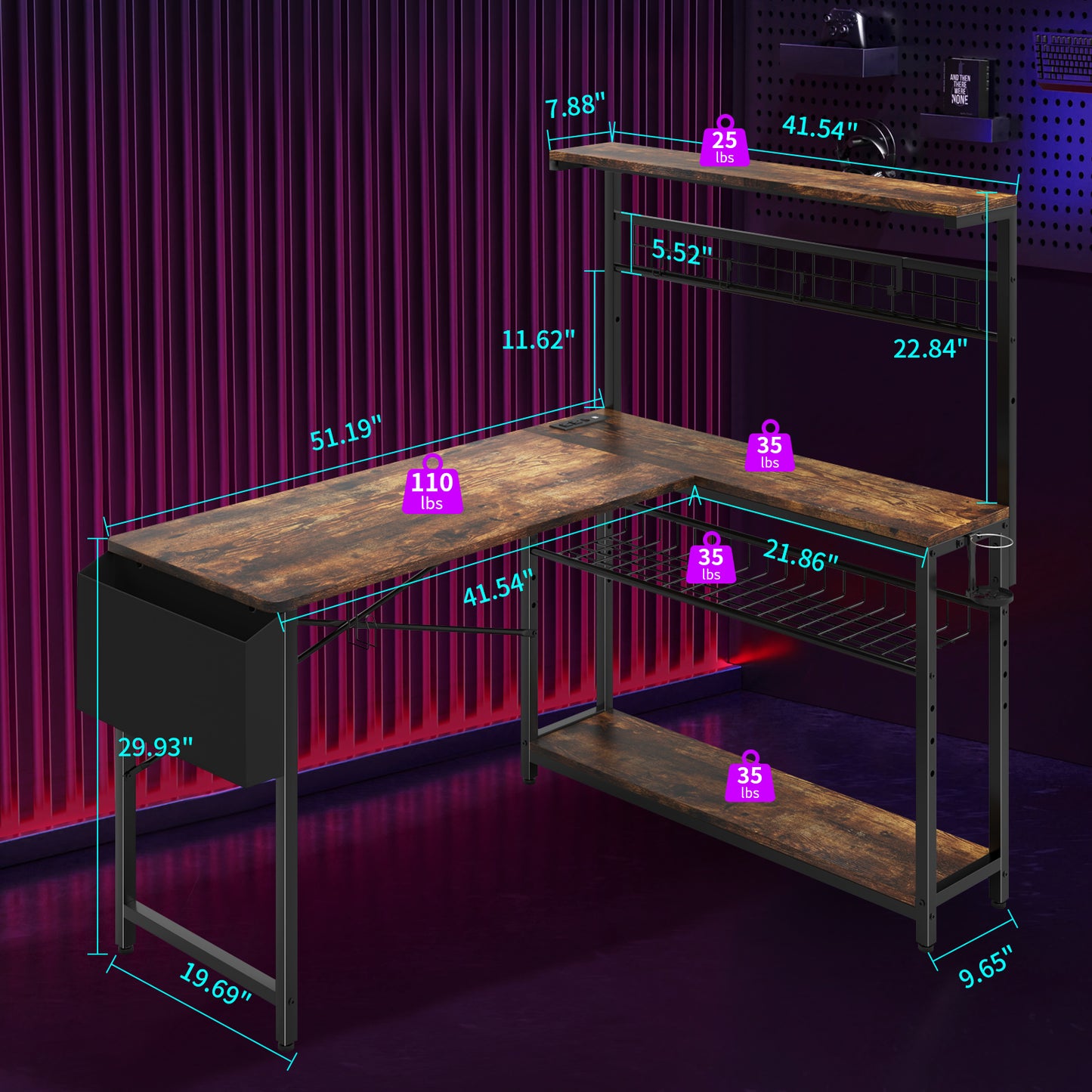 Capri L Shaped Gaming Desk, 42" Computer Desk with Power Outlets & LED Lights & Headset Hooks & Cup Holder & Storage Bag, Rustic Brown