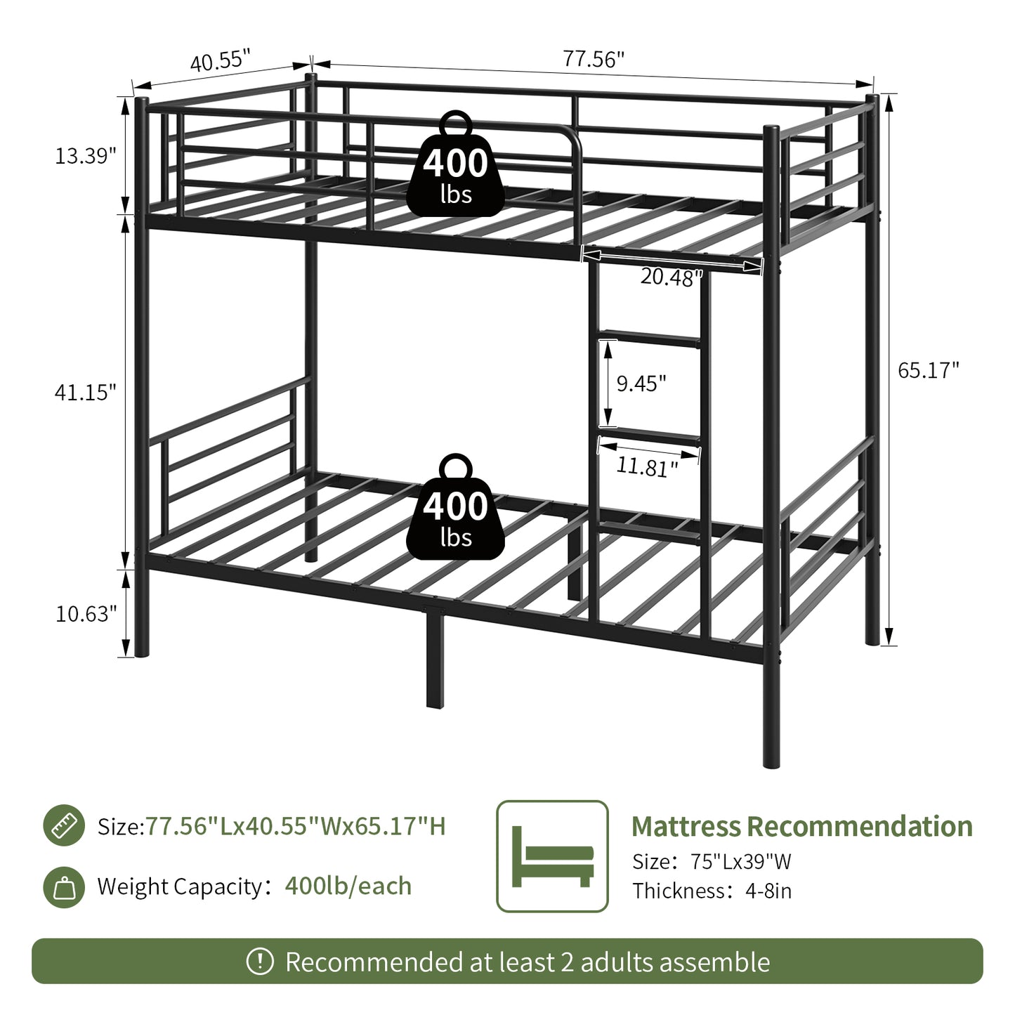 Capri Metal Twin over Twin Size Bunk Bed Frame with 10.63'' Under-Bed Storage & Stairs & Full-Length Guardrail, Noise Free, Heavy-duty, Black