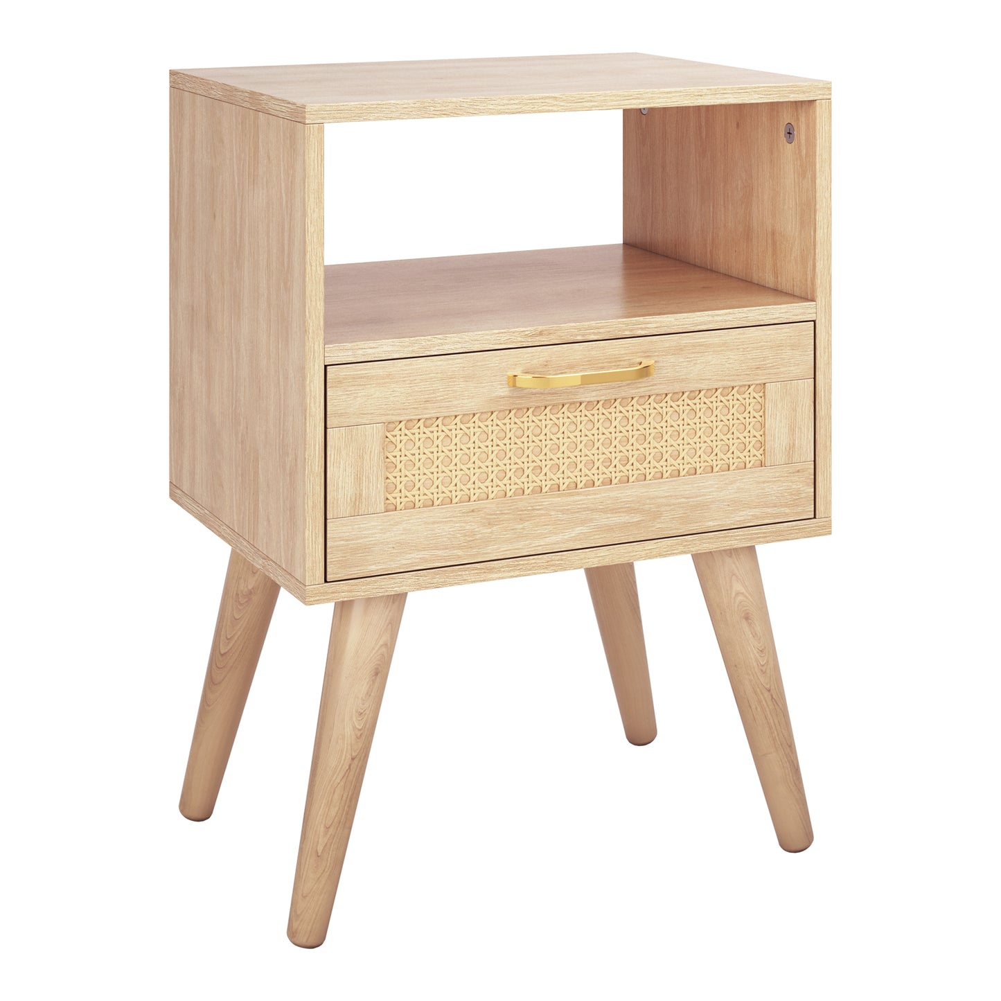 Capri Rattan Nightstand with Drawer Open Shelf and Solid Wood Feet, Cane Accent Sofa Table for Bedroom Living Room Dorm and Small Spaces, Natural